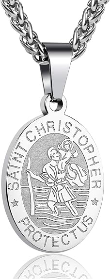 P. BLAKE Oval Saint Christopher/Michael/Joseph/Jude/Virgin Mary/Joseph/Francis/Patrick/Anthony/Benedict/Thomas Necklace for Men Women, Stainless Steel Catholic Patron Pendant with Chain 24 Inches