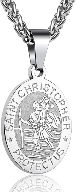 P. BLAKE Oval Saint Christopher/Michael/Joseph/Jude/Virgin Mary/Joseph/Francis/Patrick/Anthony/Benedict/Thomas Necklace for Men Women, Stainless Steel Catholic Patron Pendant with Chain 24 Inches