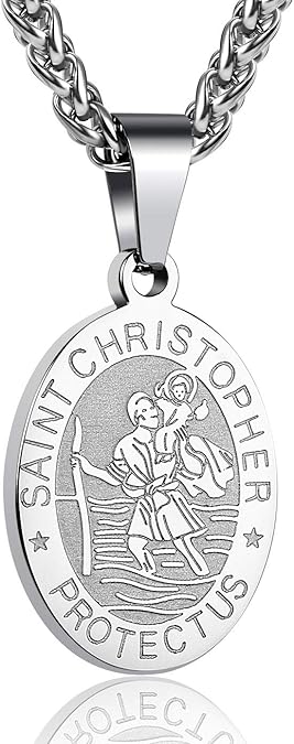 P. BLAKE Oval Saint Christopher/Michael/Joseph/Jude/Virgin Mary/Joseph/Francis/Patrick/Anthony/Benedict/Thomas Necklace for Men Women, Stainless Steel Catholic Patron Pendant with Chain 24 Inches