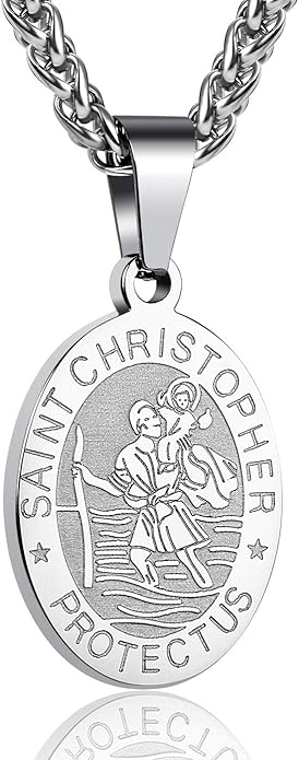 P. BLAKE Oval Saint Christopher/Michael/Joseph/Jude/Virgin Mary/Joseph/Francis/Patrick/Anthony/Benedict/Thomas Necklace for Men Women, Stainless Steel Catholic Patron Pendant with Chain 24 Inches
