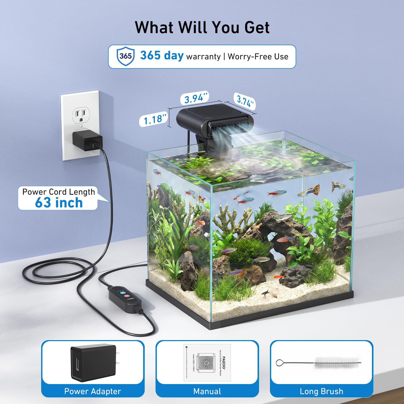 PAIZOO Mini ventilateur de refroidissement pour aquarium ultra silencieux avec 3 modes de vitesse, adapté pour les petits aquariums de bureau, axolotl, poissons rouges, aquariums de poissons-clown