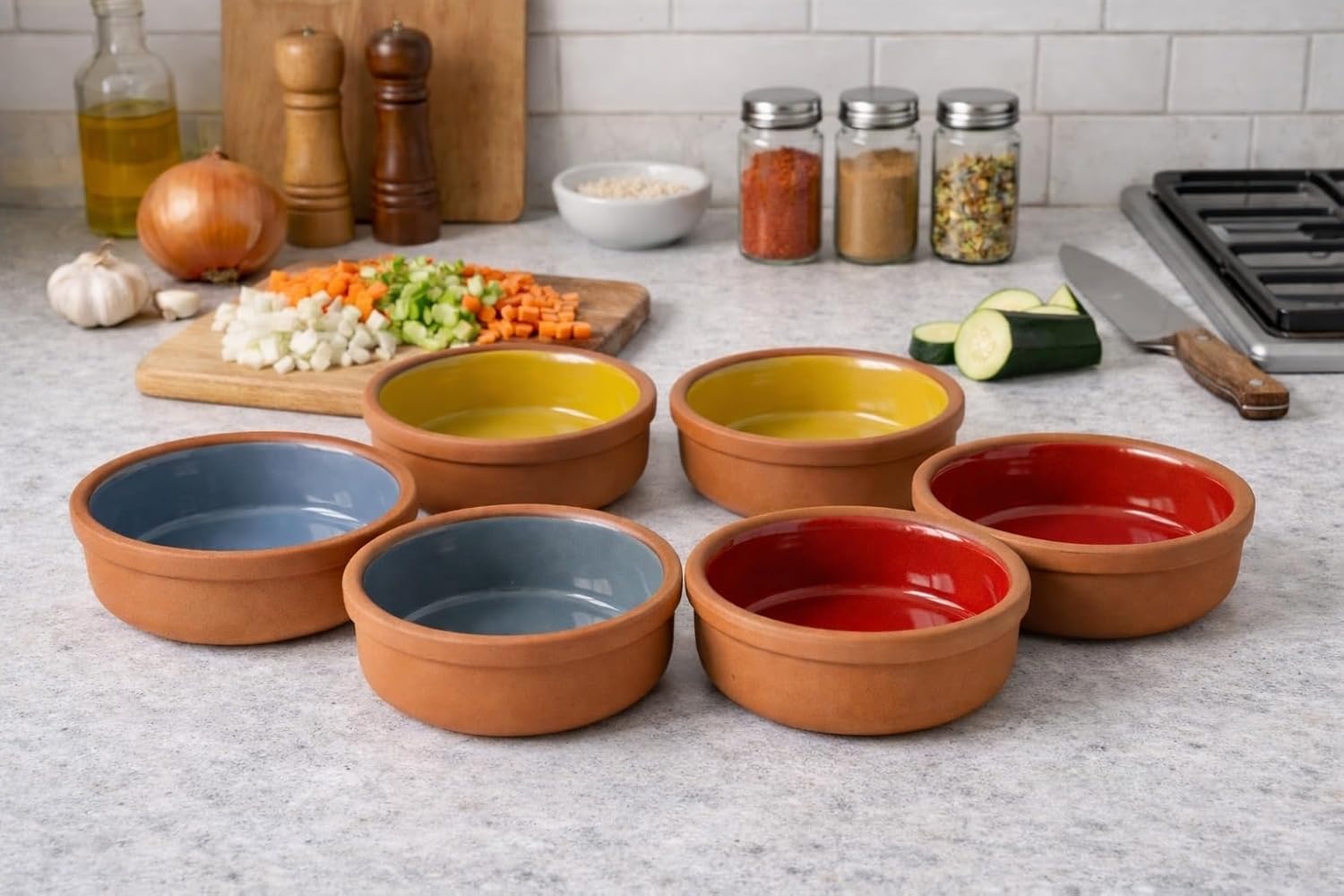 Areste Mexican Clay Cookware Set of 6 – Terracotta Pots - Stable Heavy Tripod Base on Countertop