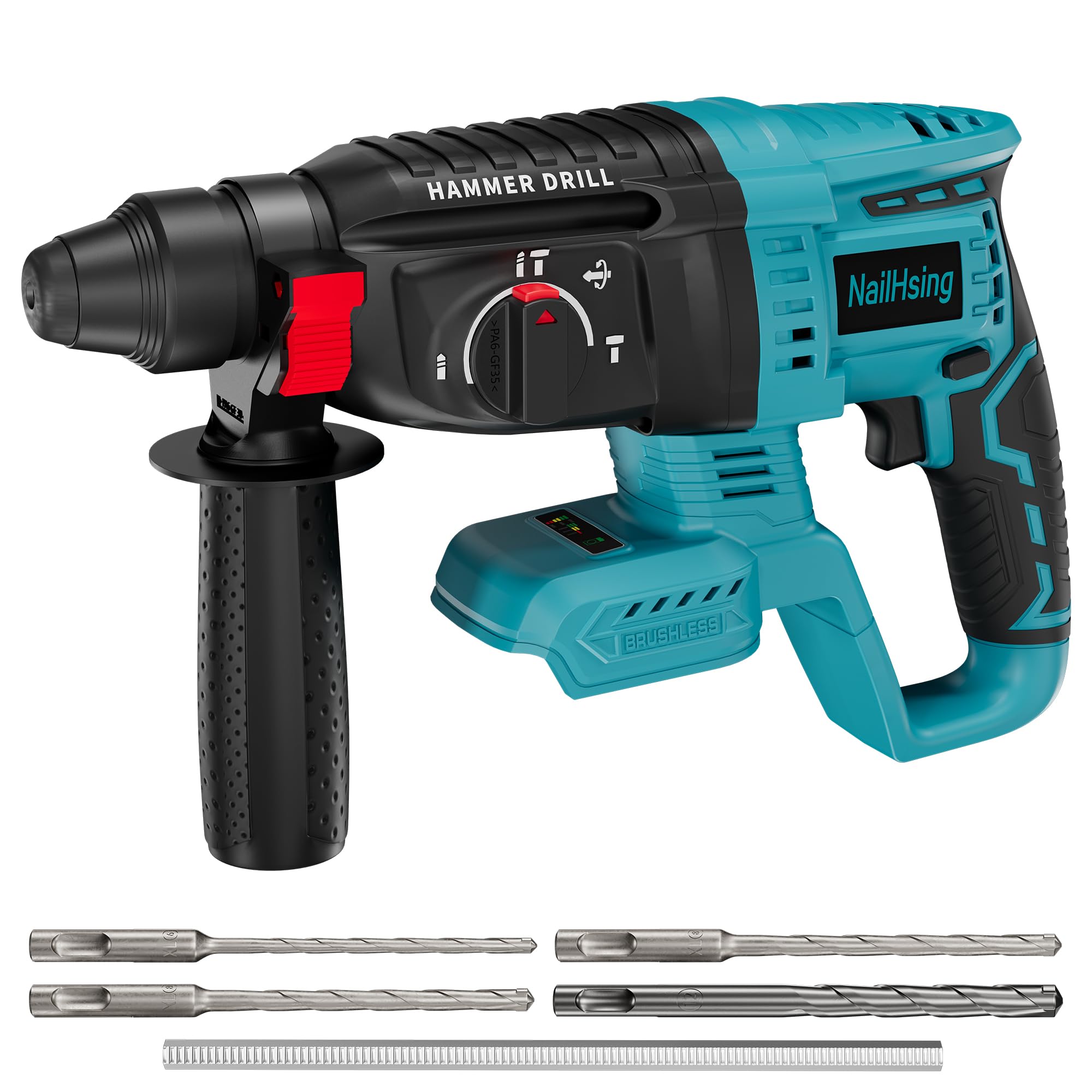 NailHsing 18V MAX Brushless Cordless Rotary Hammer Drill, 4 Modes, Adjustable Handle, with 4.0Ah Battery, 4 Drill Bits for Concrete/Brick/Wall/Metal(Tool Only)
