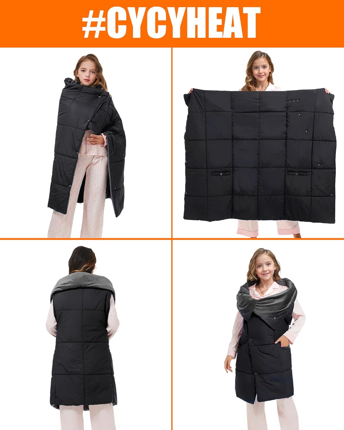Kids Heated Blanket Battery Powered - 52x43 in Portable Wireless Cordless Throw Electric Rechargeable Heating Blanket, Upgraded 7.4V Battery Pack Heating Element (Black)
