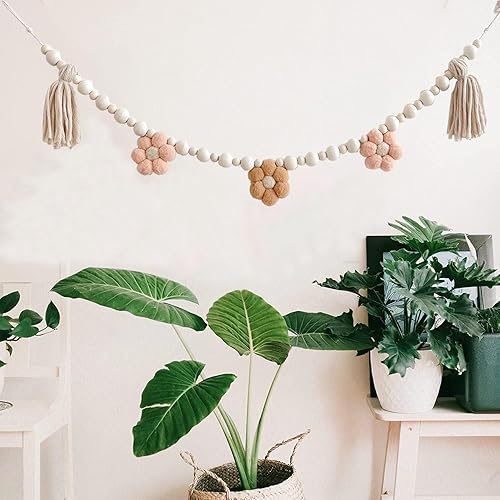 Miniatura 4 de 1 guirnalda de borlas bohemias con cuentas de madera, guirnalda de borlas de madera de margaritas para decoración de pared de granja, aula,
