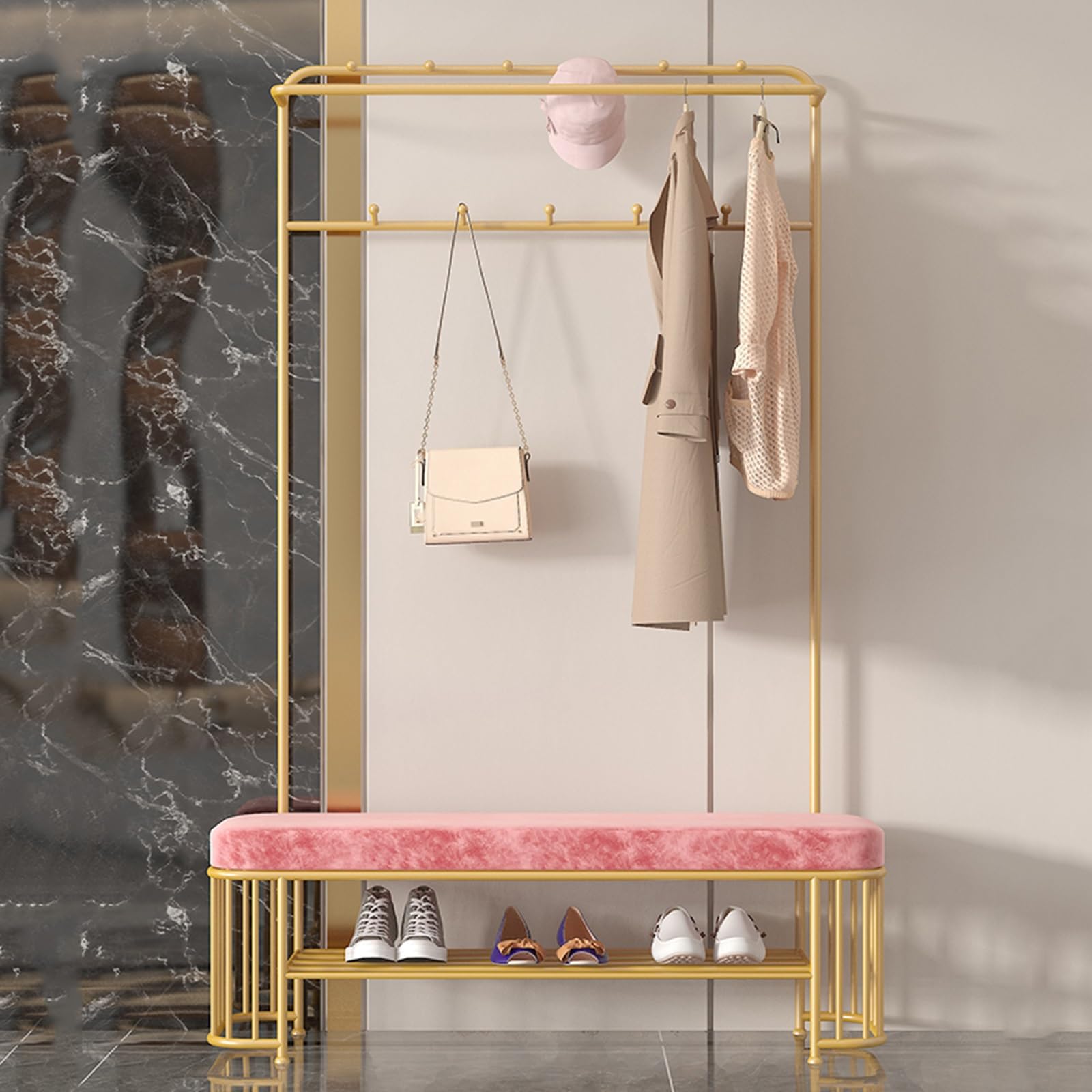 GHFXSCV 3-in-1 Freestanding Shoe Rack & Coat Tree - Entryway Sto Bench with Hoo & Shelf for Smals, Ideal for Hallway, Bedroom, Mudroom, Living Room -, 80cm