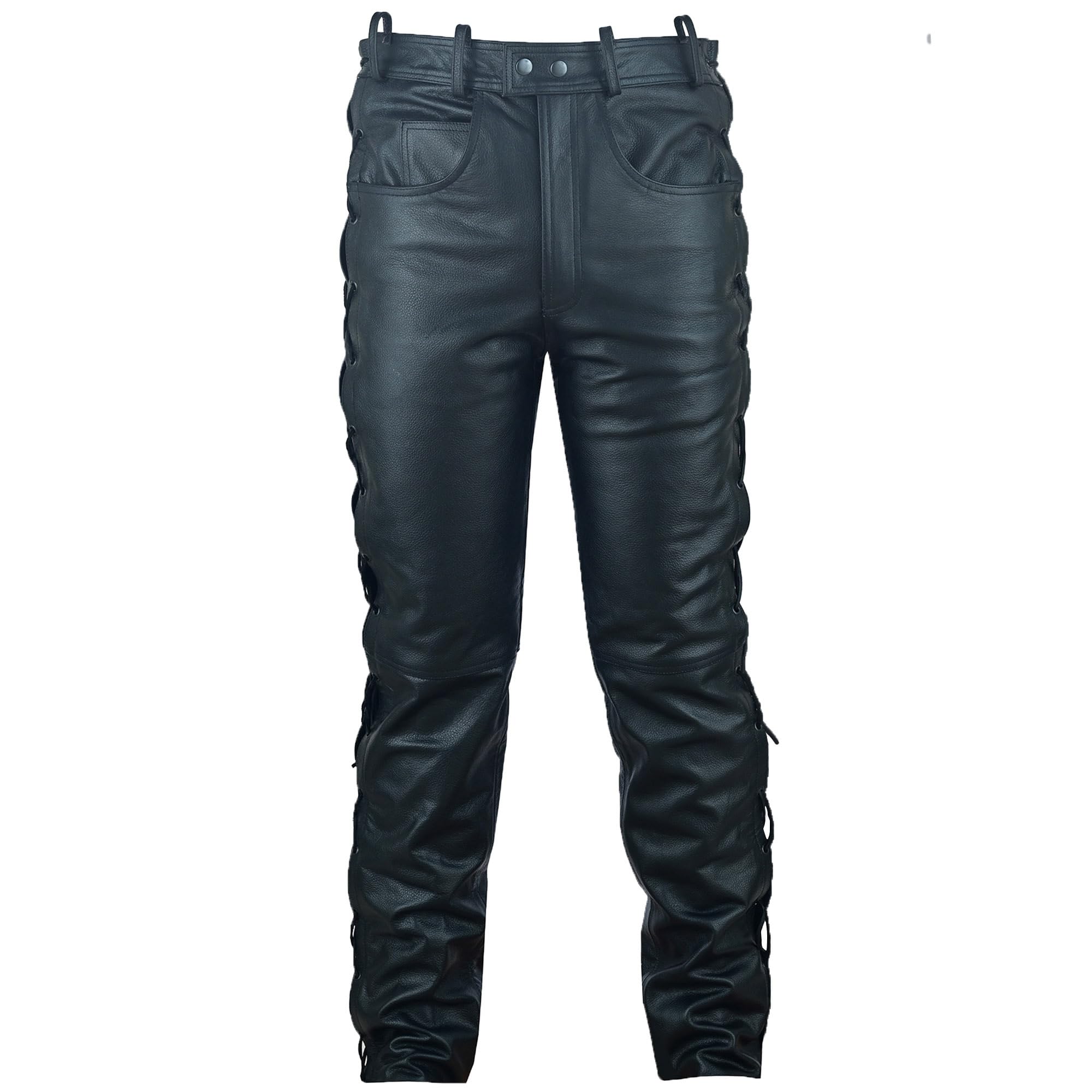 German Wear Lederhose lederjeans bikerjeans Büffelleder seitlich geschnürt Schwarz