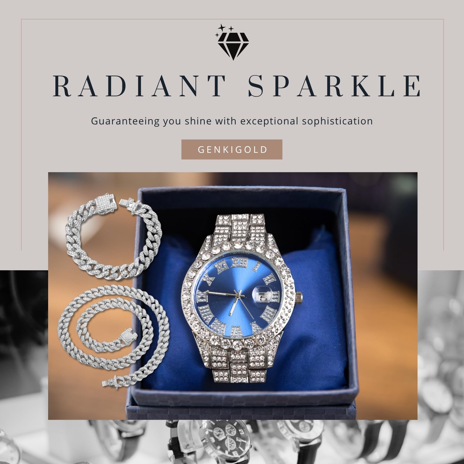 Męski zegarek z diamentem - Okrągła tarcza 40 mm z cyframi rzymskimi w 3 kolorach - pozłacany 18K złotem/platynowy pasek 22 cm - japoński kwarc - kompatybilny z opcjonalnym łańcuchem