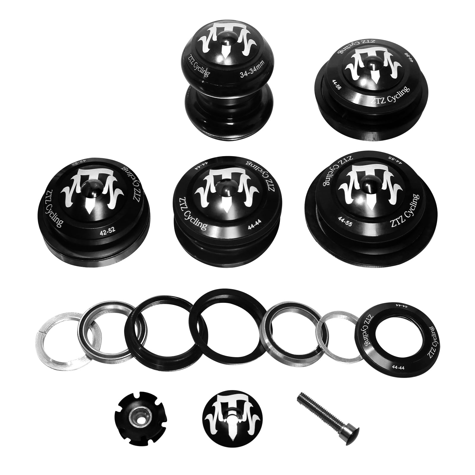 ZTZ 1-1/8 Bike Headset,34 44 44-55 44-56 41.8-52mm Threadless Double Sealed Bearings MTB Headsets, for Bicycle Straight Tapered Tube Fork Frame Expander Plug Star Nut