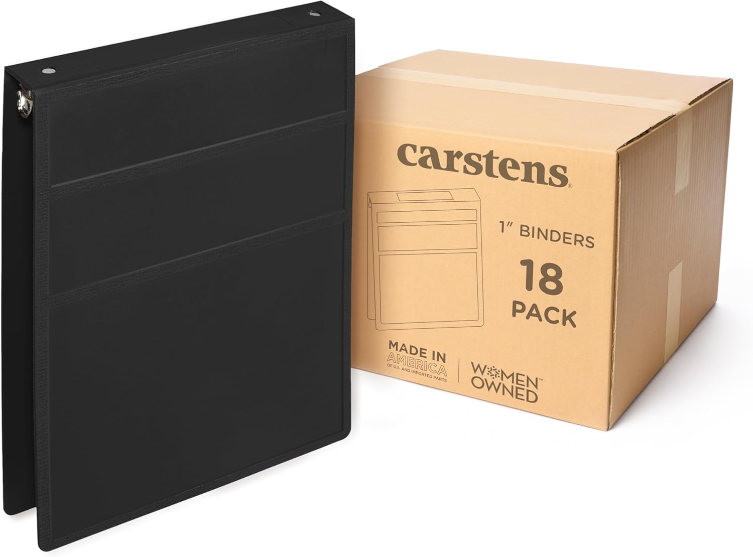 Carstens 1-Inch Heavy Duty 3-Ring Binder - Top Opening, Black, Durable Plastic, No-Gap Rings, Waterproof Cover, No Pockets, Holds 125 US Letter Sheets, BPA-Free, Made in USA (8769-3R), Case of 18