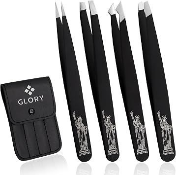 Glory 4-Pcs Precision Eyebrow Tweezers Set Professional Stainless Steel Brow Tweezers for Eyebrows, Ingrown Hair, Facial Hair, Chin Hair & Splinters with American-Inspired Design