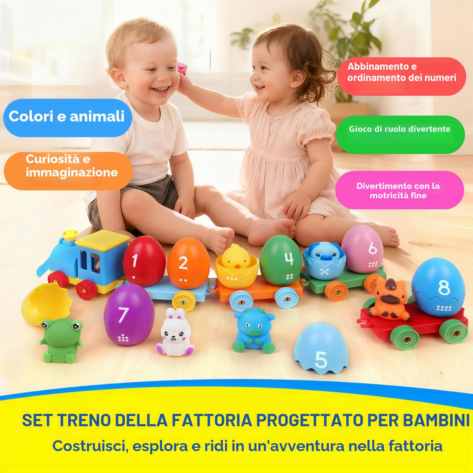 Quanquer Trenino Fattoria per Bambini 18+ Mesi, Giocattolo Educativo Montessori per Contare, Ordinare e Abbinare, Ideale per attività Prescolari e Come Regalo Perfetto di Natale e Compleanno