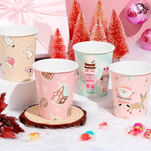 Miniatura 10 de Maxcheck 100 vasos de papel rosa de Navidad de 9 onzas, desechables, copos de nieve rosados, alce, tazas de café de Navidad, bebidas calientes para
