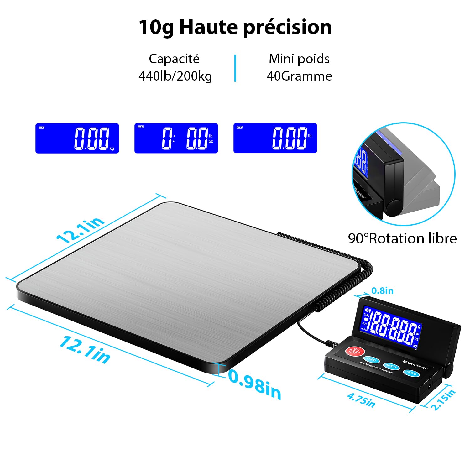 UNIWEIGH Balance postale précision 440 lb/10 g avec plate-forme acier inoxydable pour colis entrepôts