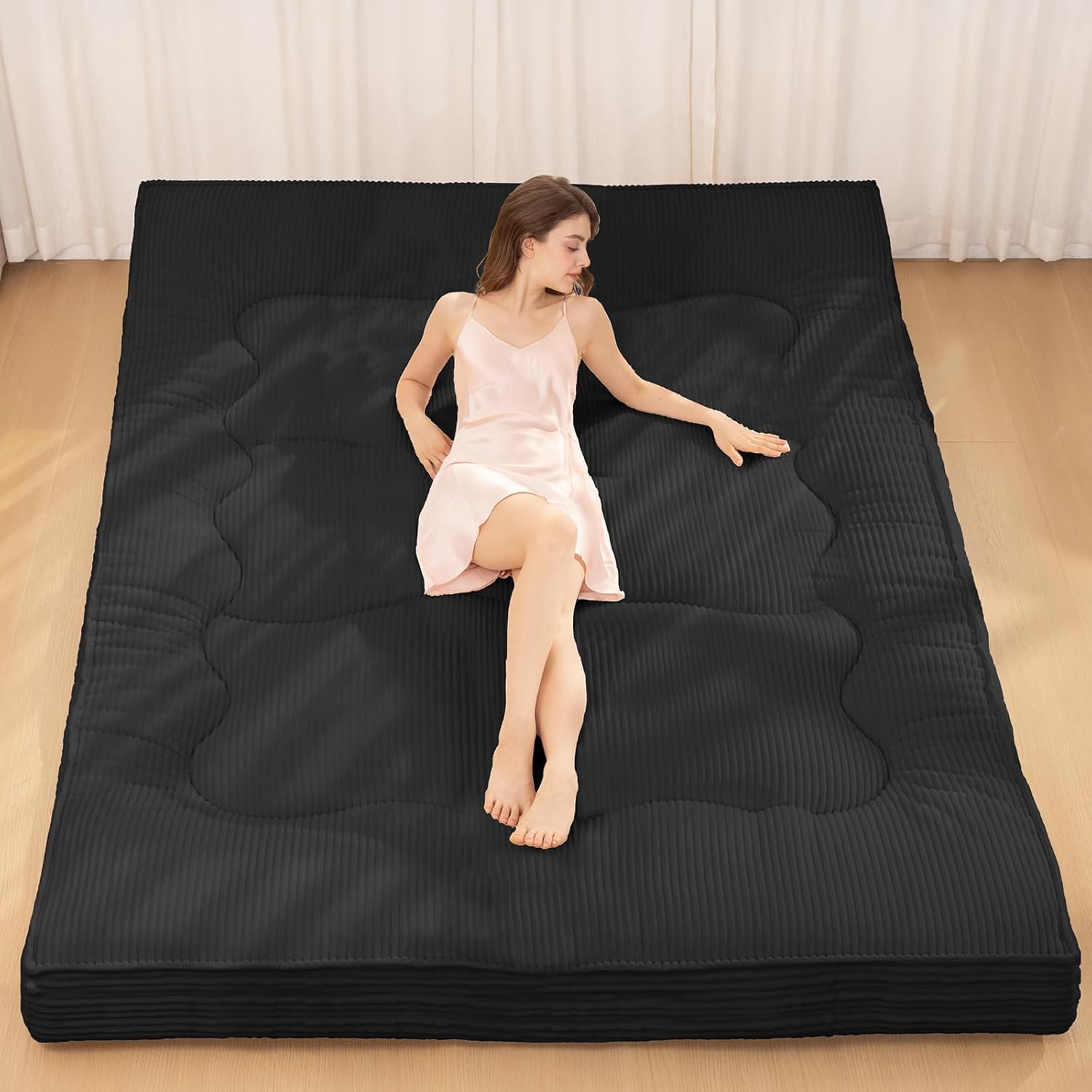 Japanese Floor Mattress, 4" Thicken Futon Mattress Queen Size Sleeping Pad, Corduroy Foldable Floor Pad, Roll Up Tatami Mat for Adults Guest Room Bedroom, Black Black Queen (U.S. Standard)