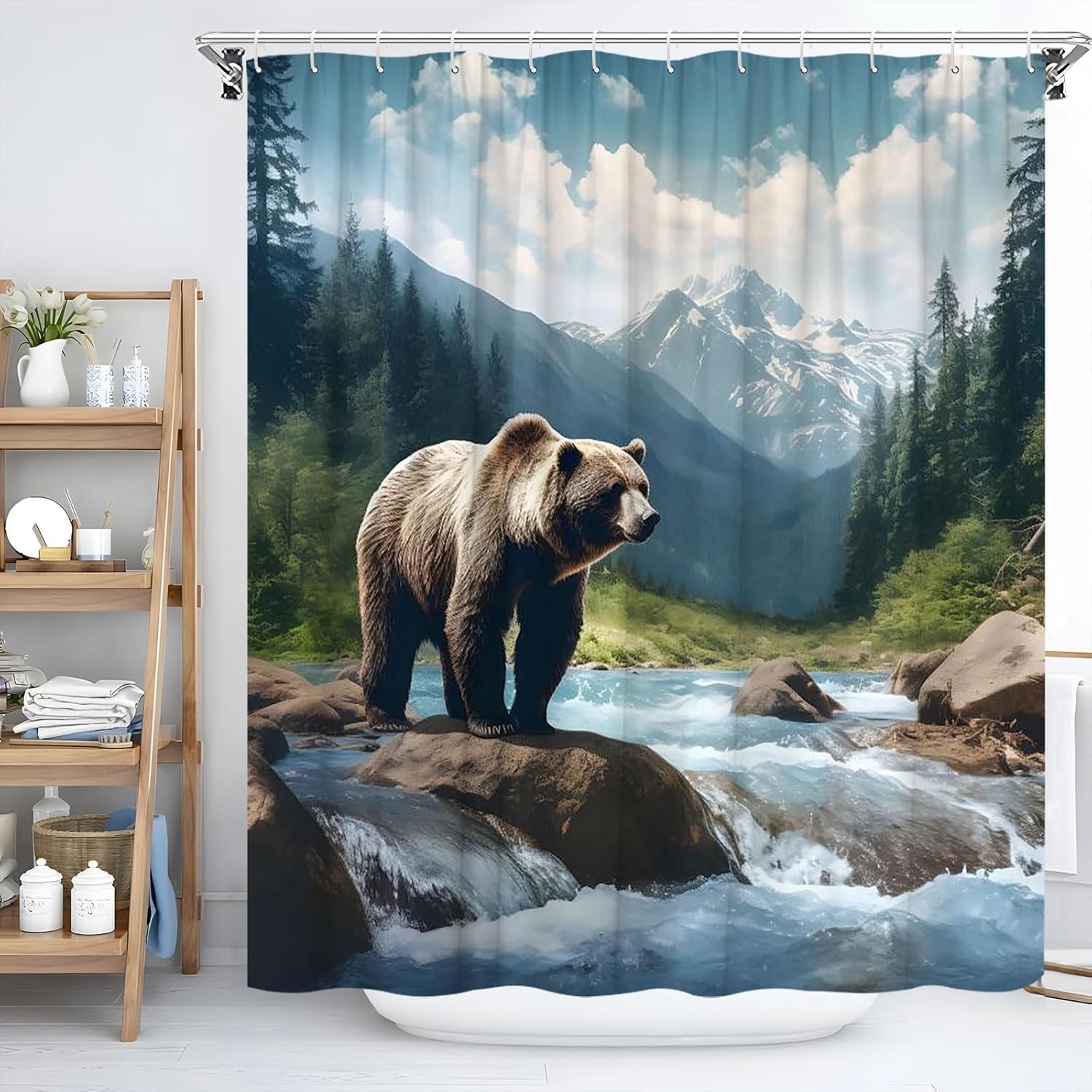 Rustic Bear Shower Curtain Vintage Cabin Green Forest Mountain Autumn Nature Landscape Wildlife Animal Stream River Lodge Country Nature Landscape Bathroom Decor Fabric Curtain with Hooks