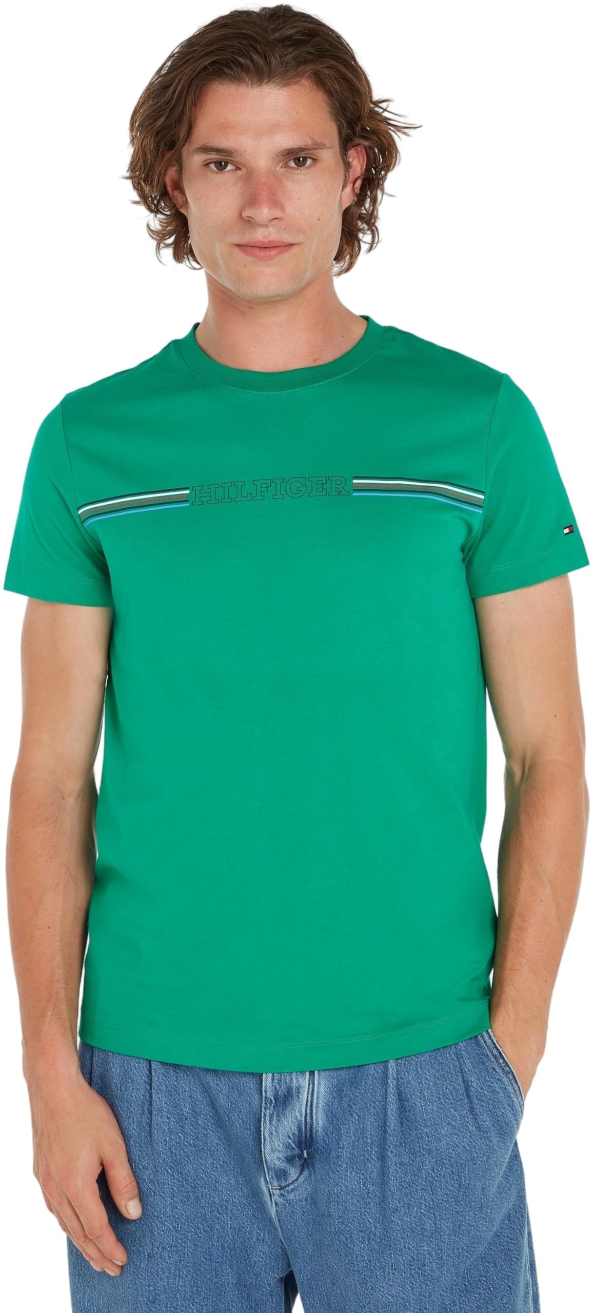 Tommy Hilfiger Men Short-Sleeve T-Shirt Stripe Chest Tee Crew Neck, Green (Olympic Green), L