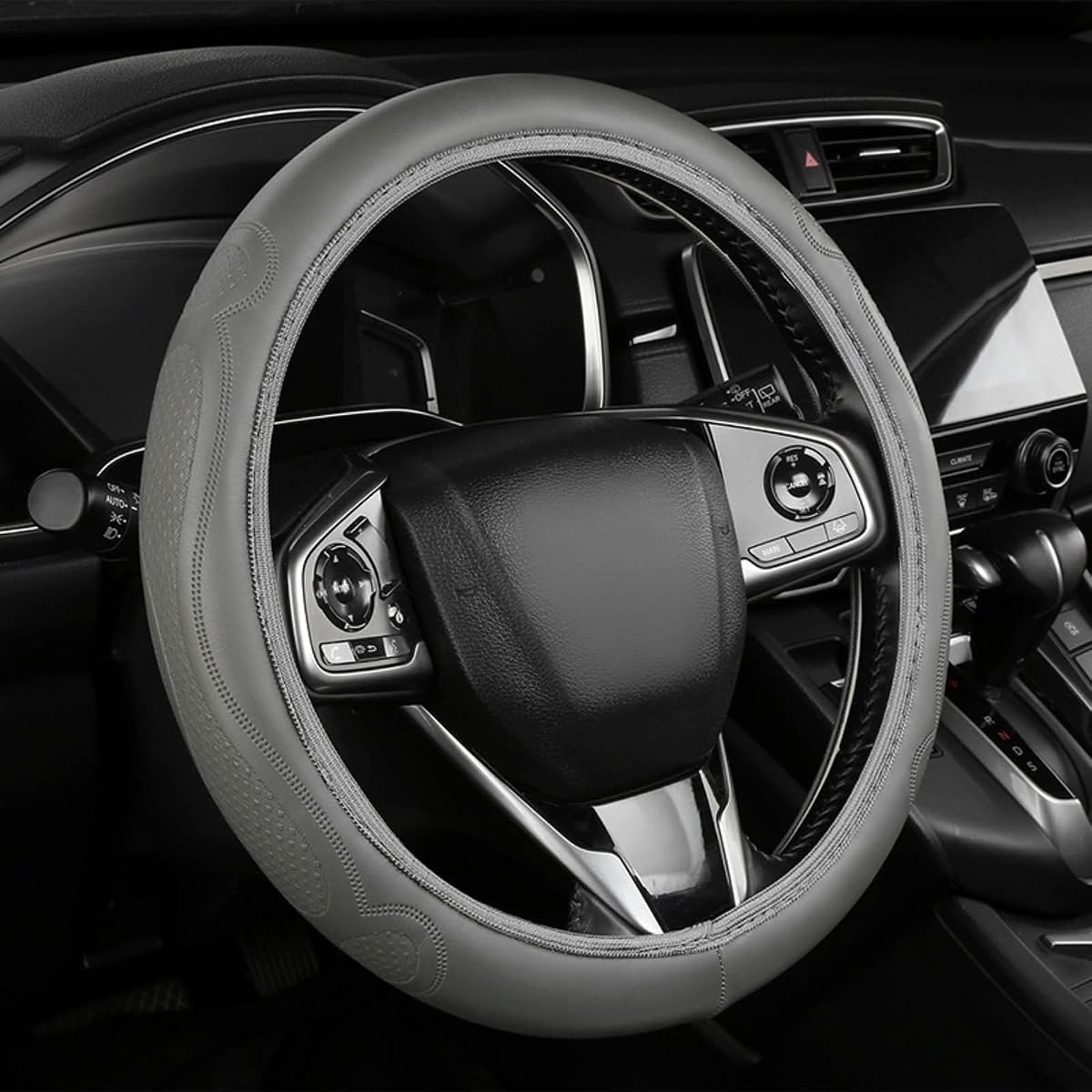 Cubierta del volante del automóvil, cubiertas de cuero en relieve de microfibra para automóviles de 14.5-15 pulgadas, accesorios transpirables antideslizantes para volantes sin olor para hombres y mujeres (gris)