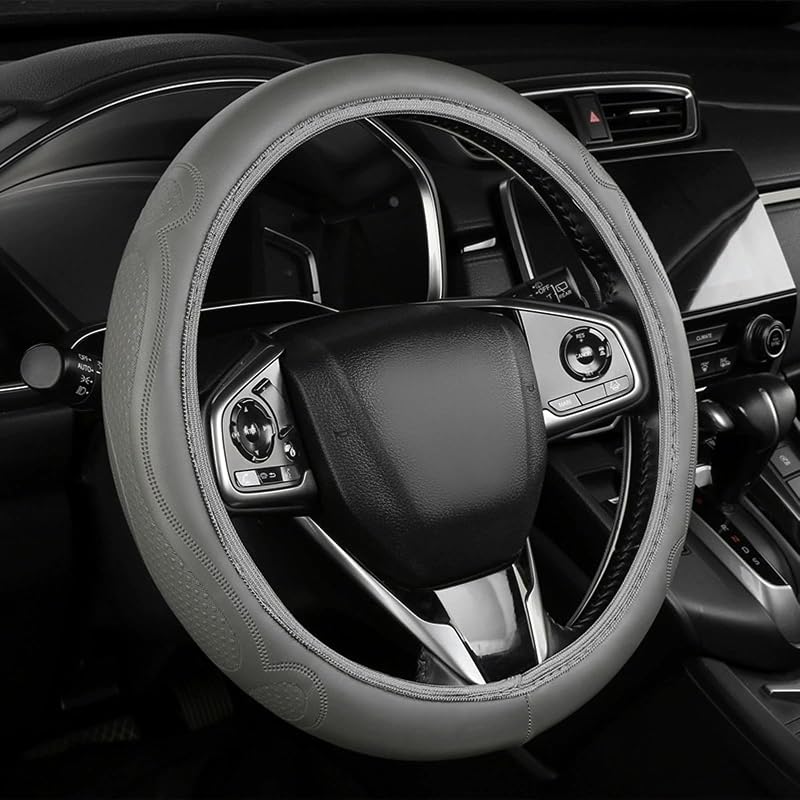 Cubierta del volante del automóvil, cubiertas de cuero en relieve de microfibra para automóviles de 14.5-15 pulgadas, accesorios transpirables antideslizantes para volantes sin olor para hombres y mujeres (gris)