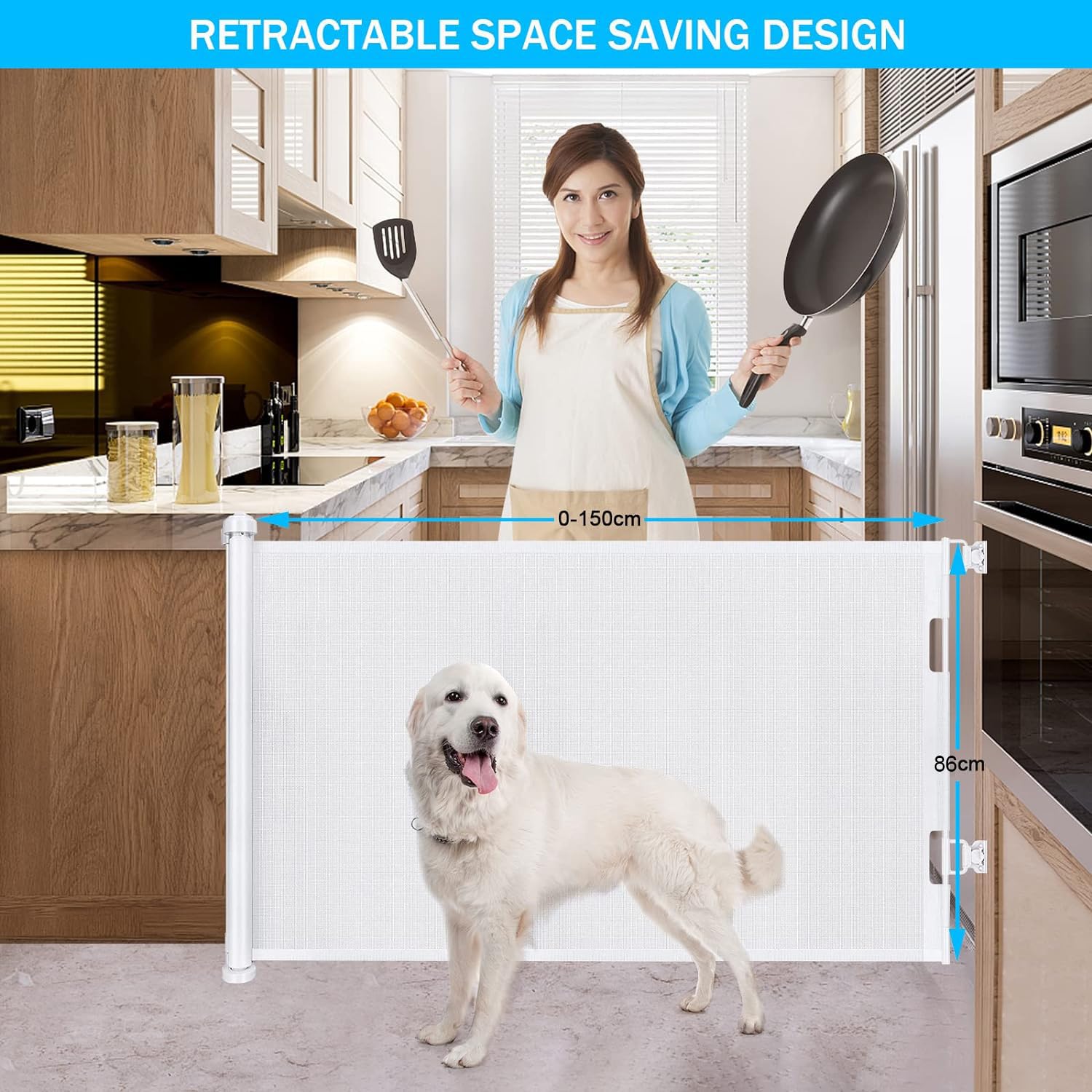 Cancelletto estensibile per scale, 0-150 cm Porta retrattile e cancelletto per bambini e animali domestici, barriera per bambini estensibile, adatto per Scale Interni Esterni Corrido (Bianco)