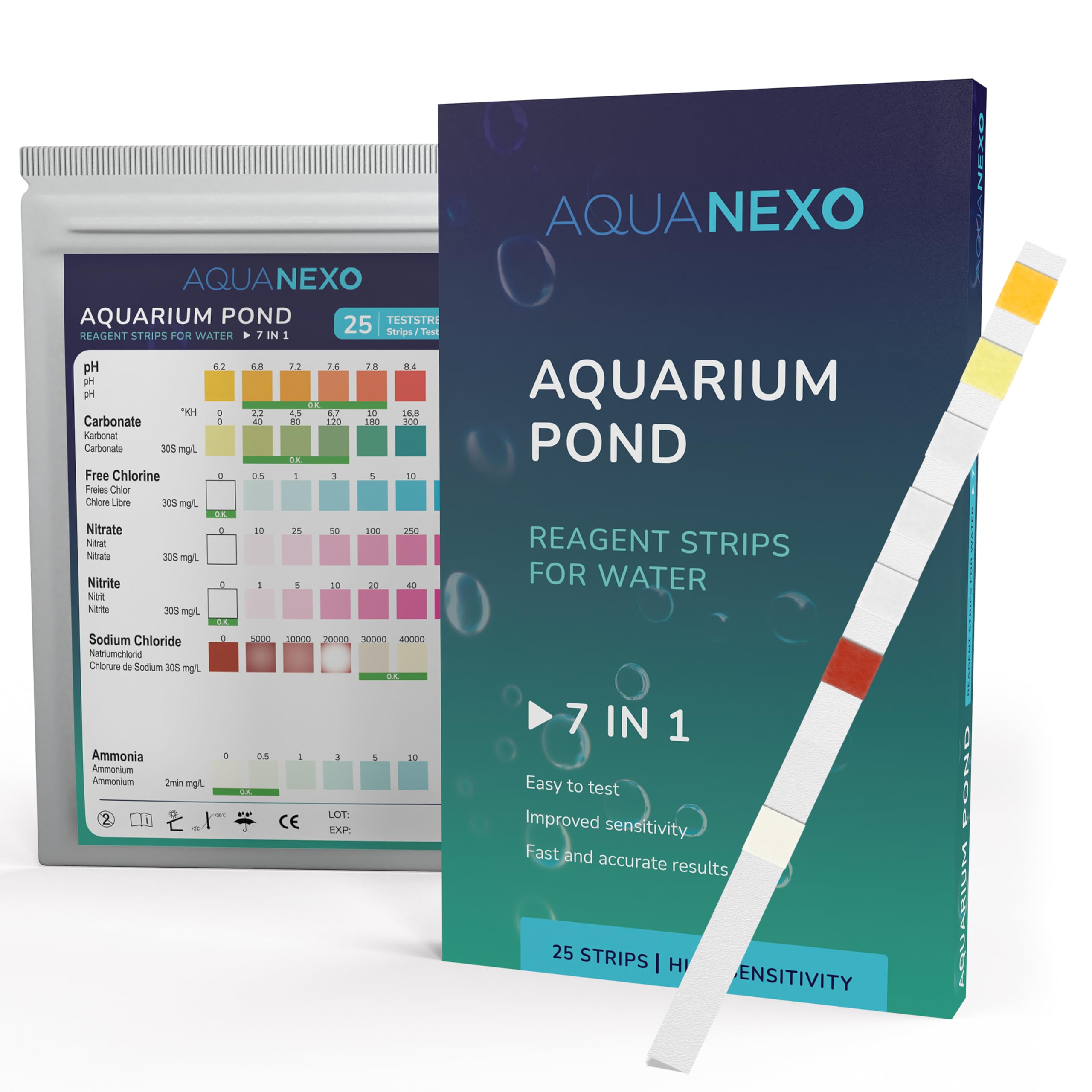 AQUANEXO 25x or 100x Aquarium Water Test Strips 7-in-1, Fish Tank Water Test Kit, Aquarium Accessories, Water Testing for Aquariums & Ponds, pH Test Strips, Carbonate, Chlorine, Ammonium (25)
