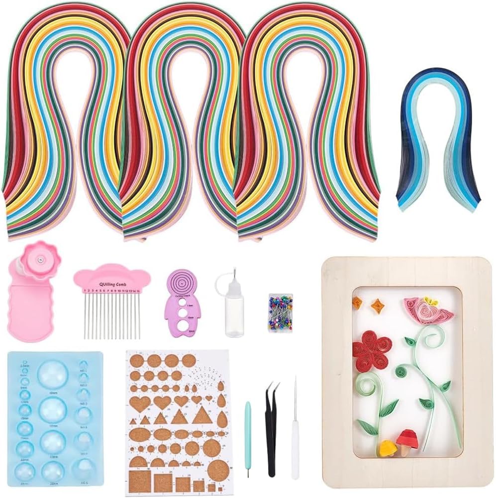 AHANDMAKER Paper Quilling Kit with 1200pcs 3mm Strips Board Mould Crimper Comb Filigree Tool Kit and Quilling Board Slotted Pen Curling Crimper for Grid Guide Paper Design