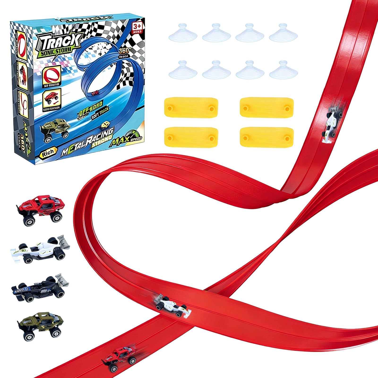 5m/196In Red Speed Track - Flexible Racing Set including 4 Cars & Suction Cups