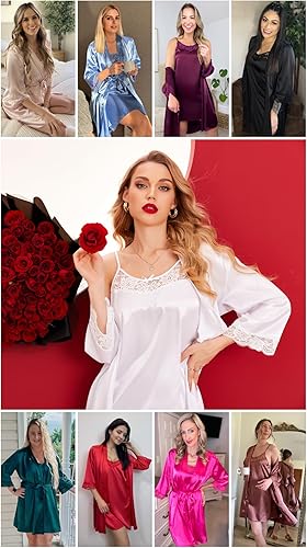 Miniatura 5 de Ekouaer Camisón de satén para mujer, conjunto de 2 piezas, ropa de dormir sexy de encaje