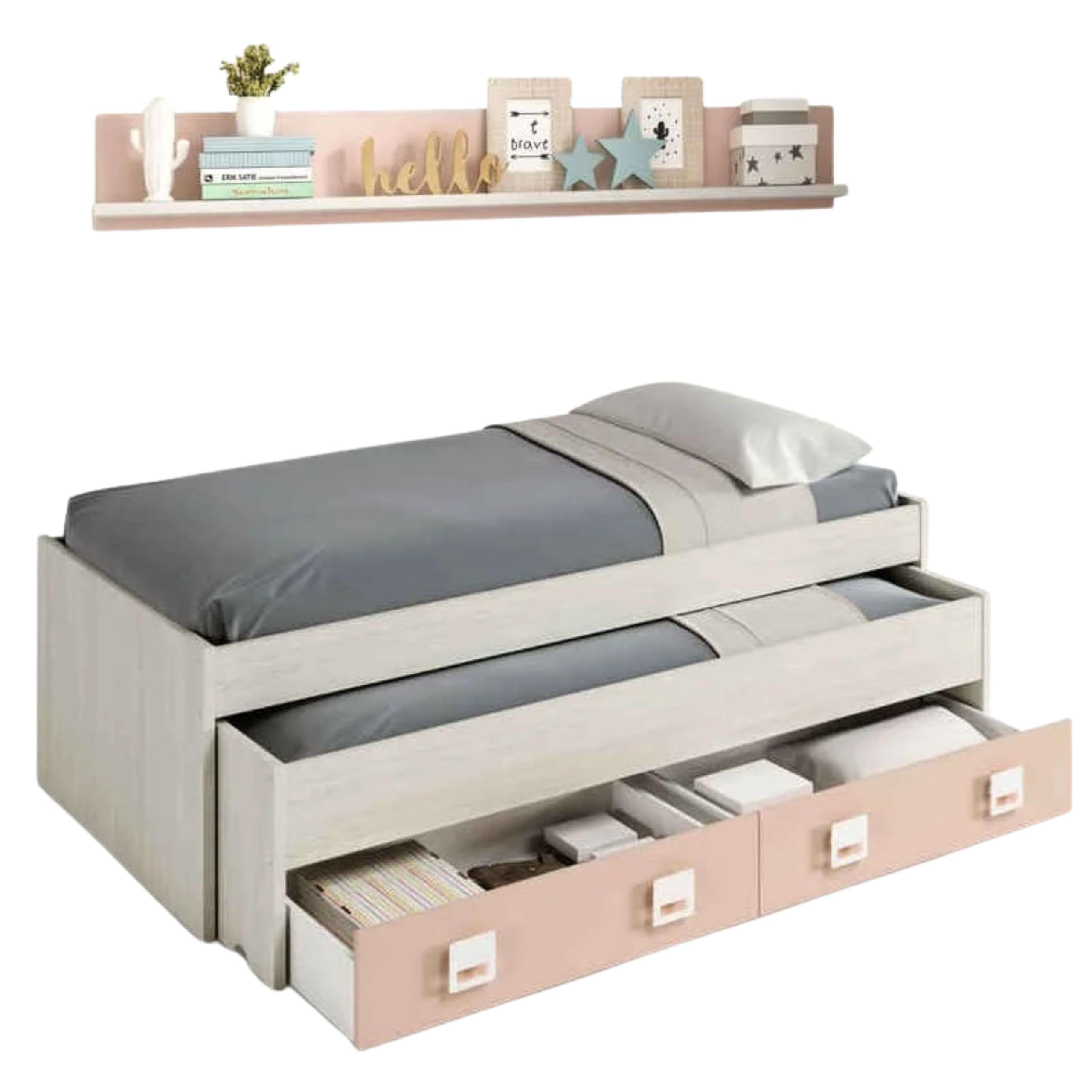Miroytengo Pack Habitación Juvenil Infantil Rosa Gris Blanco Alpes (Cama Nido + Estante + Armario + Escritorio + estantería) con Somieres