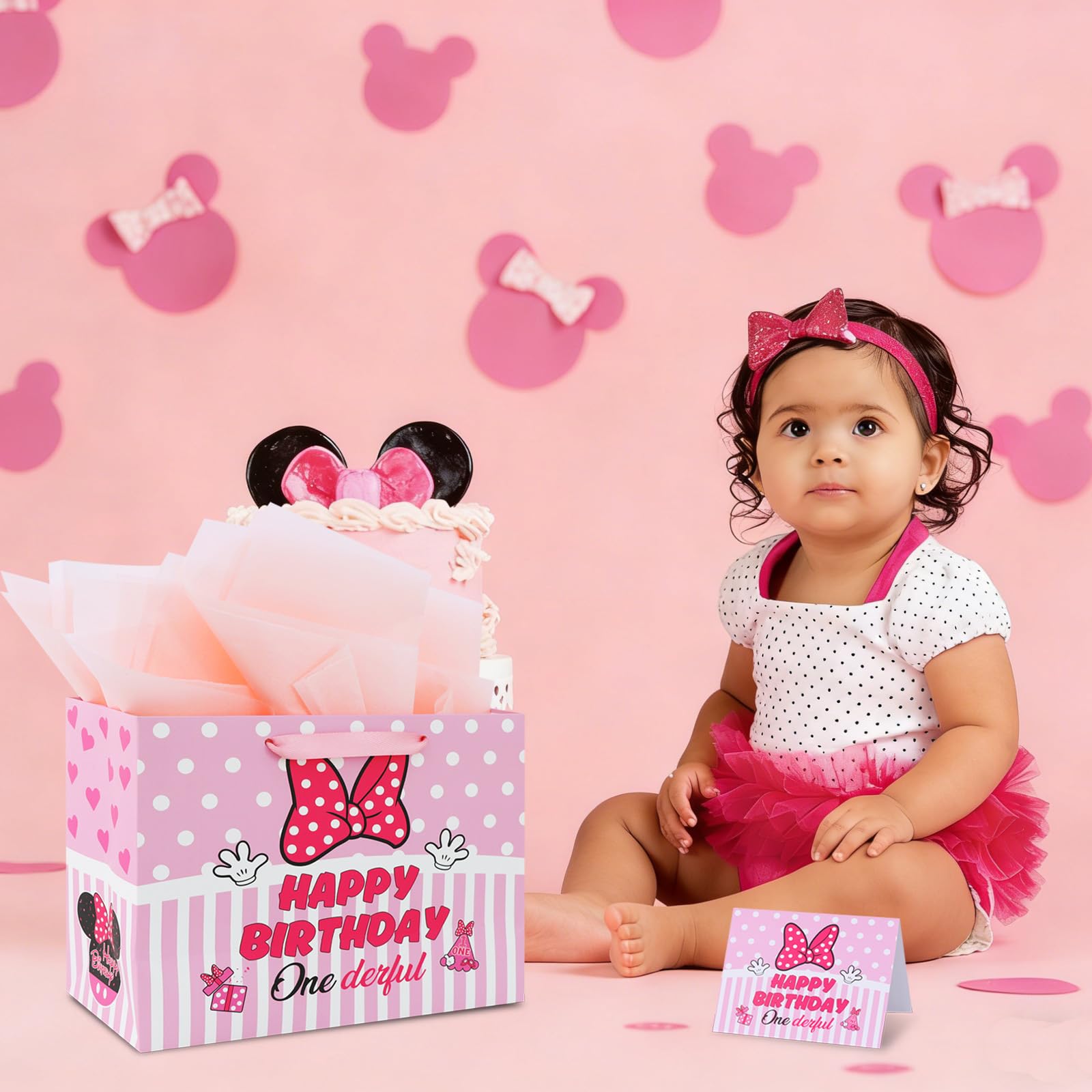 BAOOOFUL 13" Pink Mouse Theme Happy 1st Birthday Gift Bag with Tissue Paper and Greeting Card for Party,Birthday Wrapping Paper for Boy and Girls,Party Decorations Party Supplies(1 Pcs)