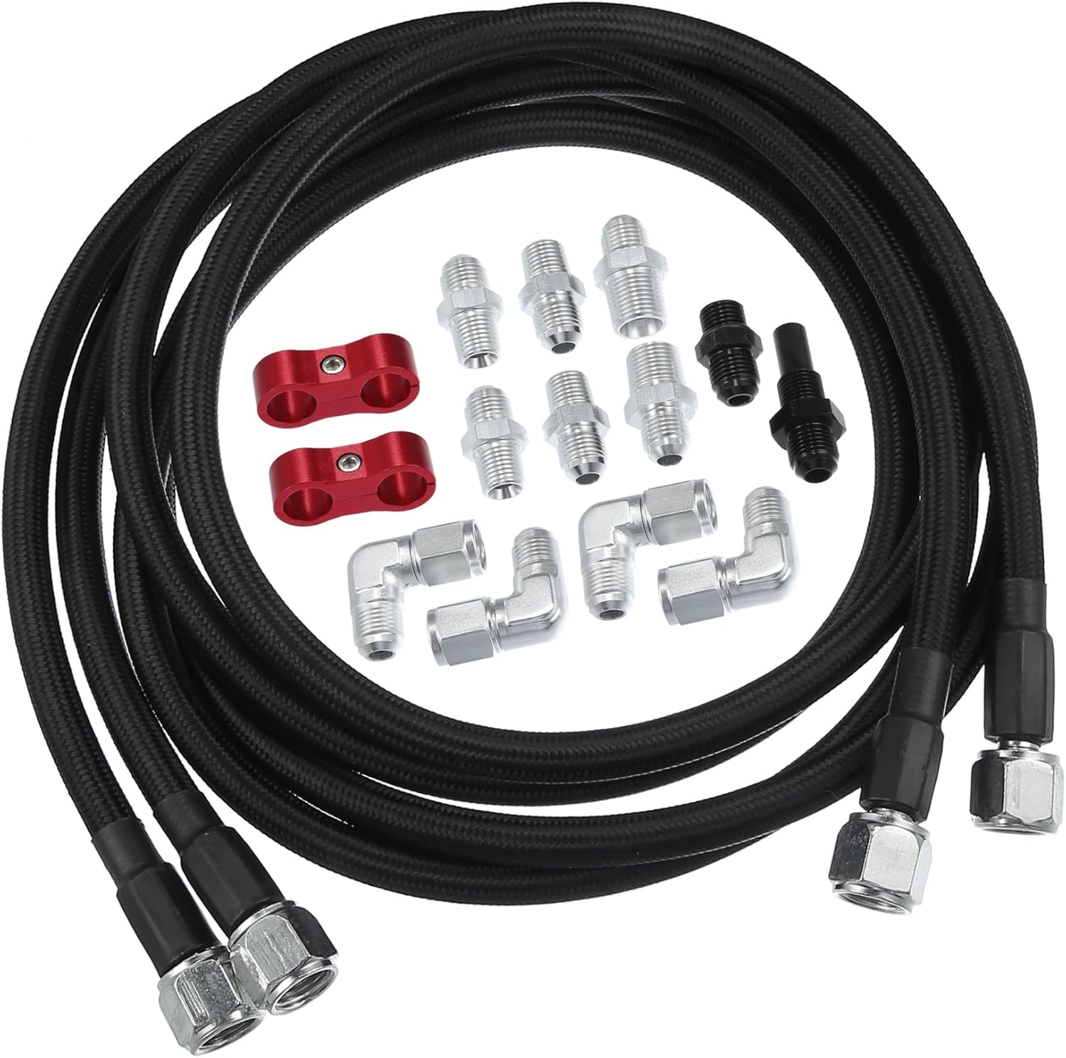 Universal AN-6 Fuel Line Kit Braided Oil Fuel Line Hose End Fitting Adapter Kit Nylon Aluminum Alloy Silver Tone Black Red 1 Set Auto Replacement Parts