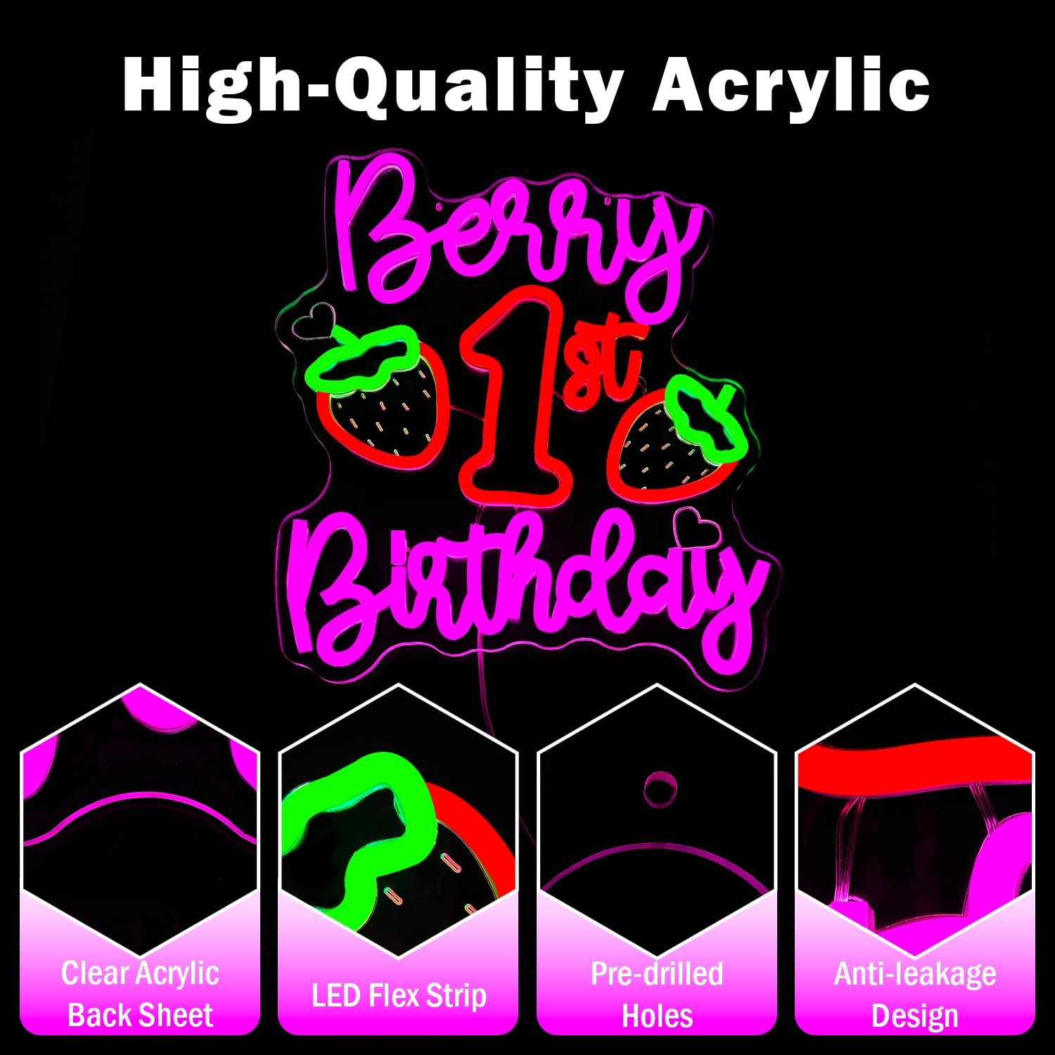 Berry First Birthday Neon Sign Strawberry 1st Birthday Neon Lights Dimmable Strawberry Theme Led Sign Backdrop Berry Sweet One Birth Party Decorations