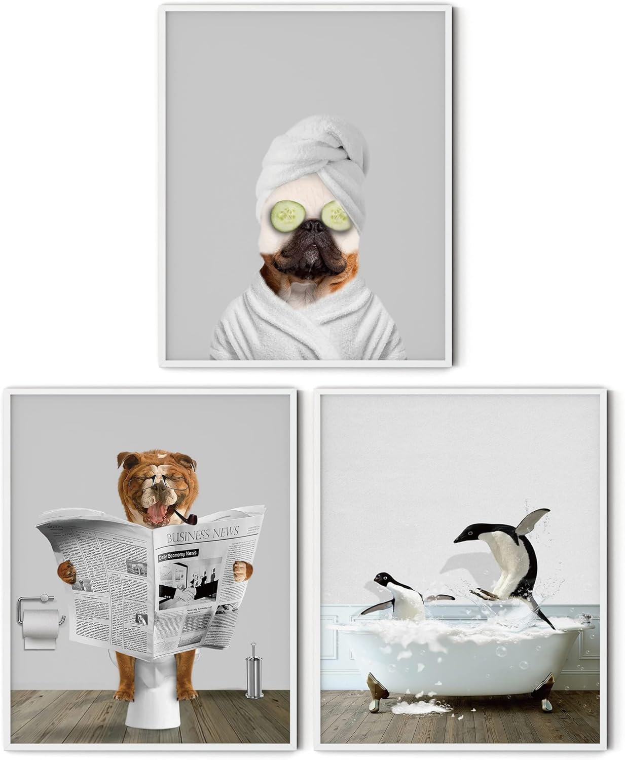 Funny Dog Wall Art Bulldog Bathroom Decor Cute Penguin Wall