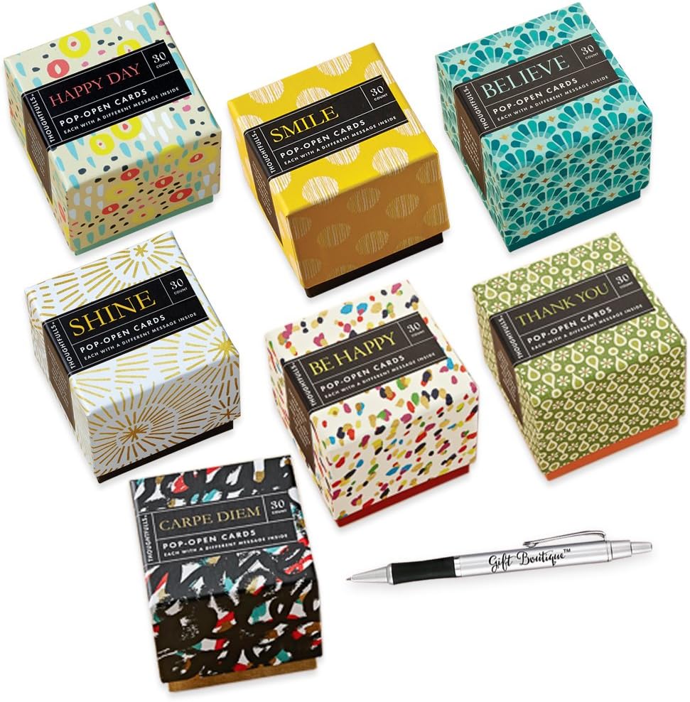 Tiptop Home Pop Open Cards, Believe, BE Happy, Smile, Thank You, Shine, Happy Day, Carpe Diem - Inspirational Greeting Cards - with GB Pen