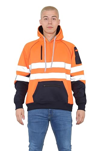Candid Styles® Hi Vis Hoodie, Hi Viz Sweatshirt Safety Work Reflective Jumper Tape Band Work Warm Security High Visibility Sweatshirt 3 Zipped Pocket Hooded Top Plus Size Small - 5XL - 5XL - Orange Pullover