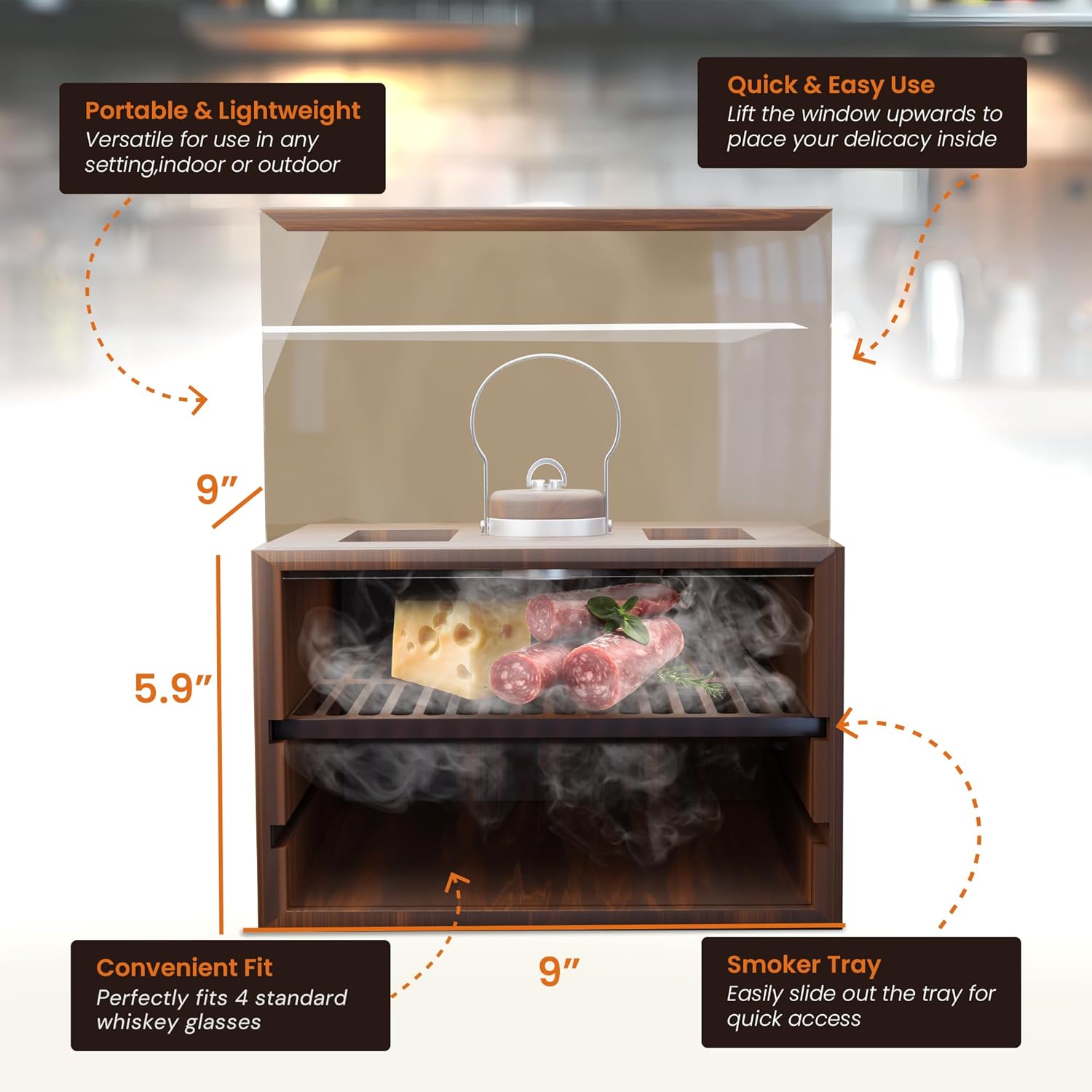 Bon Apperoo™ 4-Glass Culinary Smoker Box with Torch | Portable Cold Food and Cocktail Infuser | Indoor Whiskey and Bourbon Smoking Kit | Ideal for Drinks and Charcuterie | Butane Not Included
