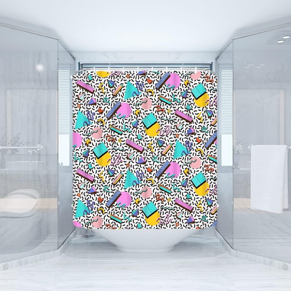 80s 90s Shower Curtain Retro Memphis Geometric Abstract Mid Century Modern Pattern Colorful Fabric Bathroom Decor Curtain with Hooks