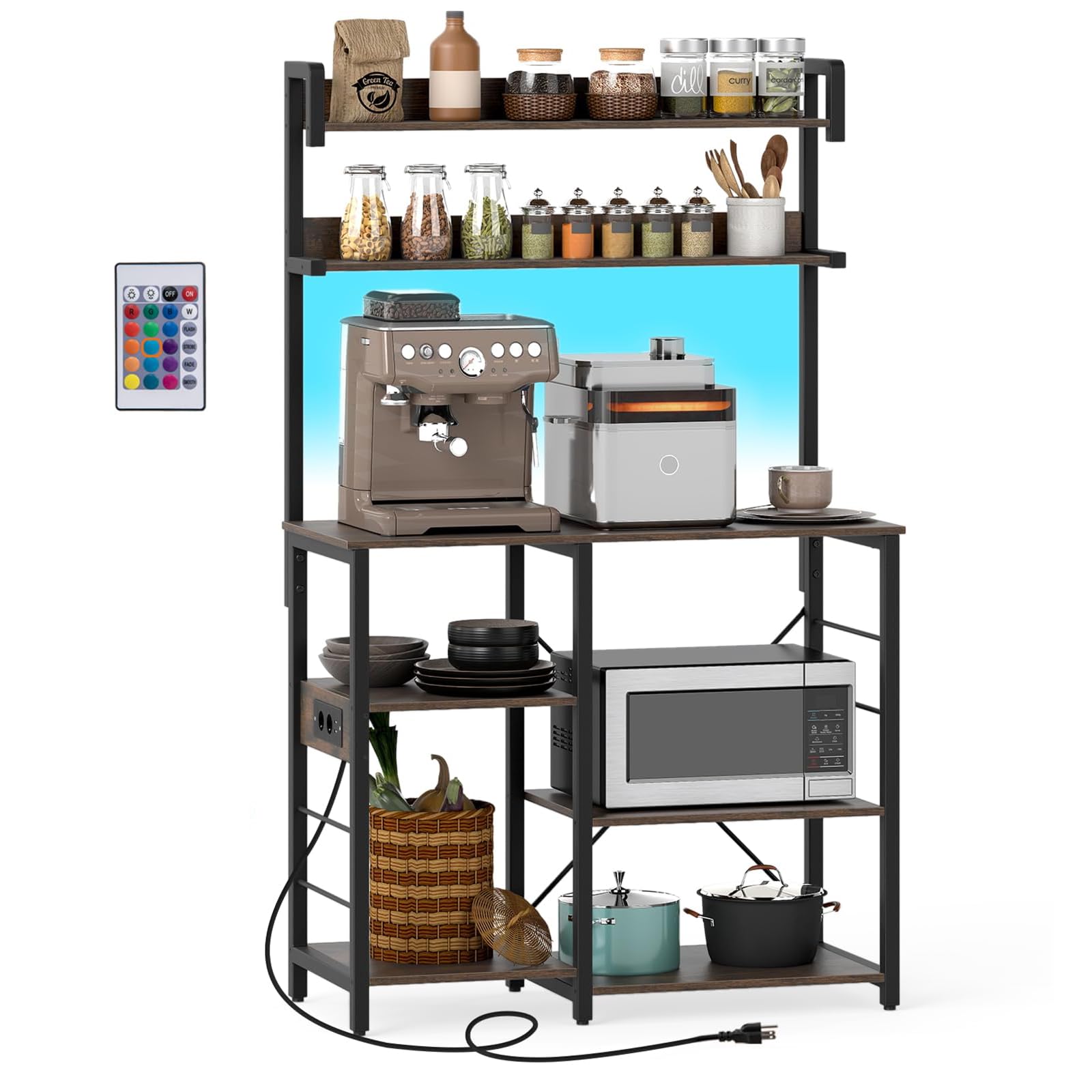 COSTWAY Kitchen Baker's Rack with Power Outlet & LED Lights, Microwave Oven Stand with Storage Shelves, Industrial Utility Storage Shelf Stand for Kitchen, Living Room, Dining Room (2 Top Shelf)