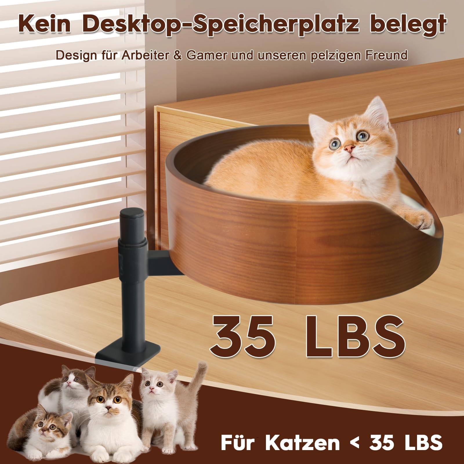 Katzenbett für Schreibtisch mit Haustiermatte,Höhenverstellbares Katzenbett,360° Drehbarer, unterstützt bis zu 35lb,Einklemmschutz und platzsparend, katzenbetten für Tische und Fenstersims