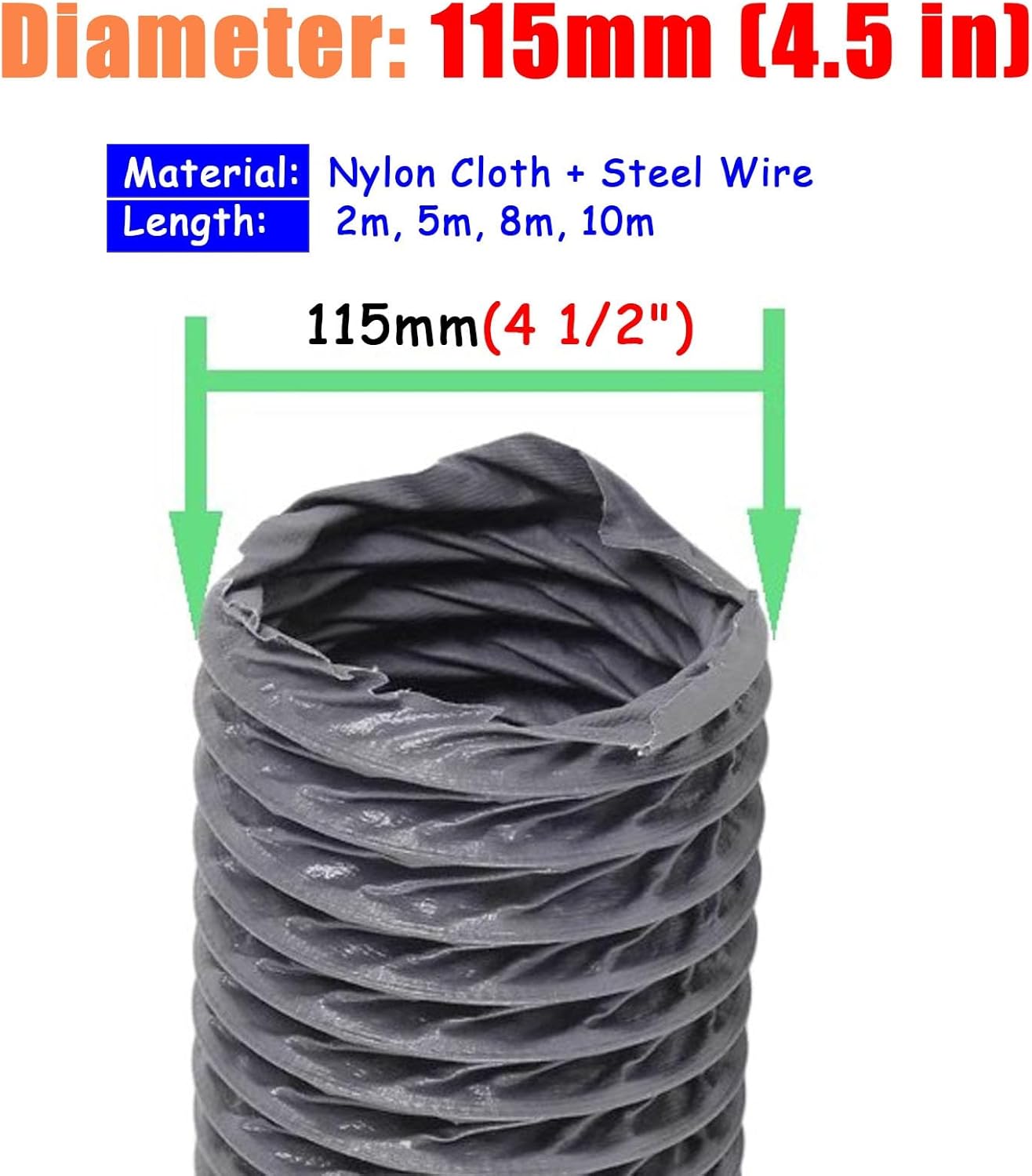 Dryer Vent Hose Gray Ducting Hose with Clamps, Heavy-Duty HVAC Ventilation Vents 3 4 5 6 8 Inch, Extra Long Exhaust Vent for Dryer Extension, for Grow Tents(5m(16.4ft),Dia- 115mm(4.5in))