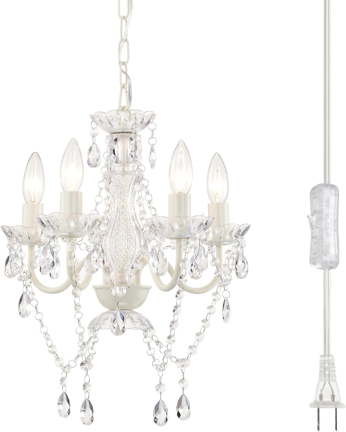 Alighting Plug in Chandeliers, 4-Light White Small Acrylic Crystal Hanging Ceiling Lamp with 20ft Cord, No Hardwire, White Chandeliers for Dining Room, Modern Bedroom, Nursery, Kitchen or Bathroom