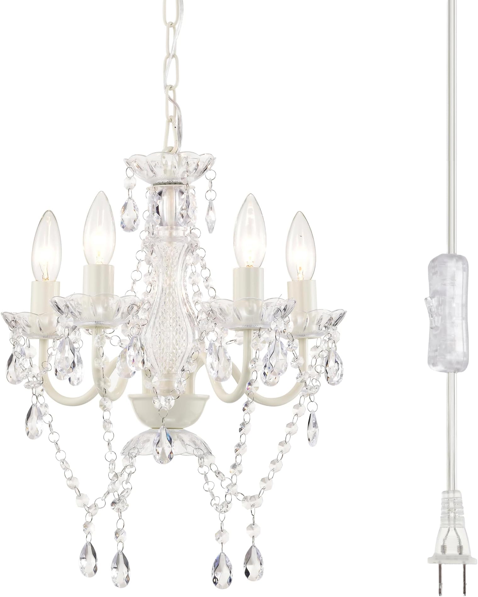 Alighting Plug in Chandeliers, 4-Light White Small Acrylic Crystal Hanging Ceiling Lamp with 20ft Cord, No Hardwire, White Chandeliers for Dining Room, Modern Bedroom, Nursery, Kitchen or Bathroom