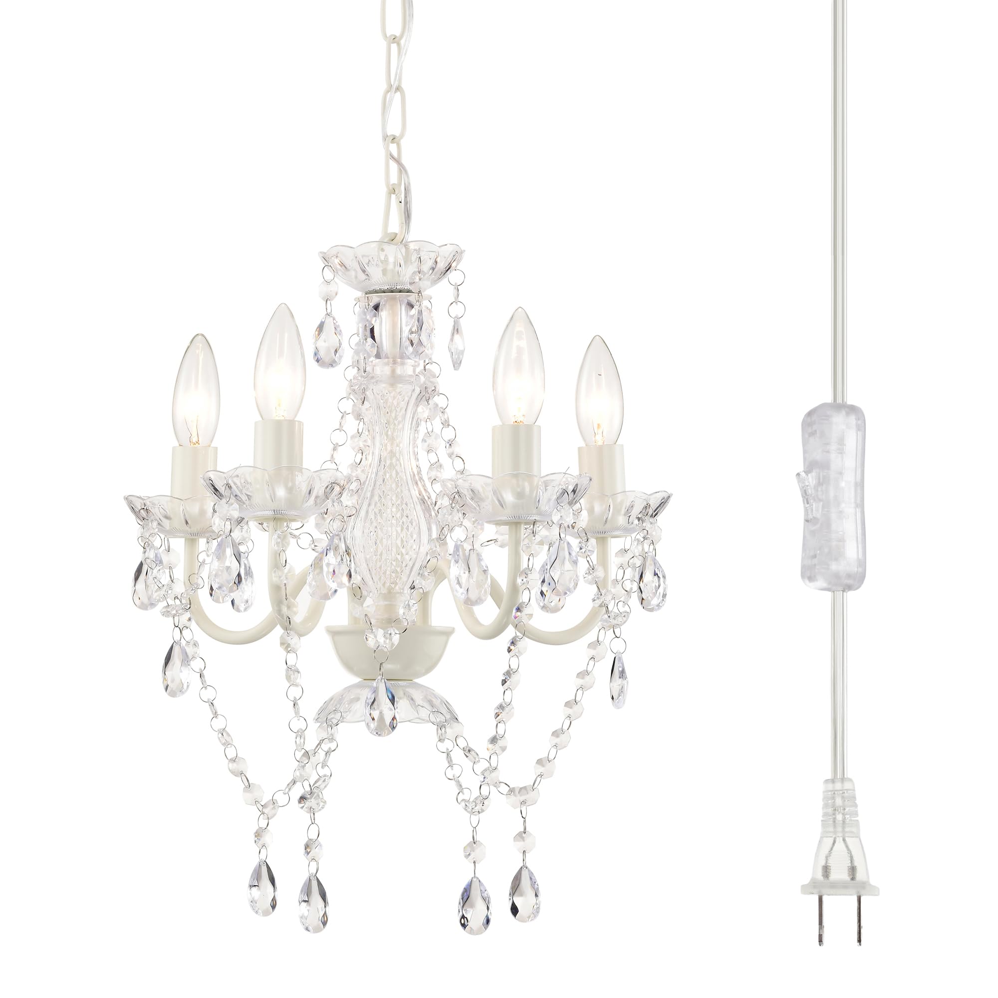 Alighting Plug in Chandeliers, 4-Light White Small Acrylic Crystal Hanging Ceiling Lamp with 20ft Cord, No Hardwire, White Chandeliers for Dining Room, Modern Bedroom, Nursery, Kitchen or Bathroom