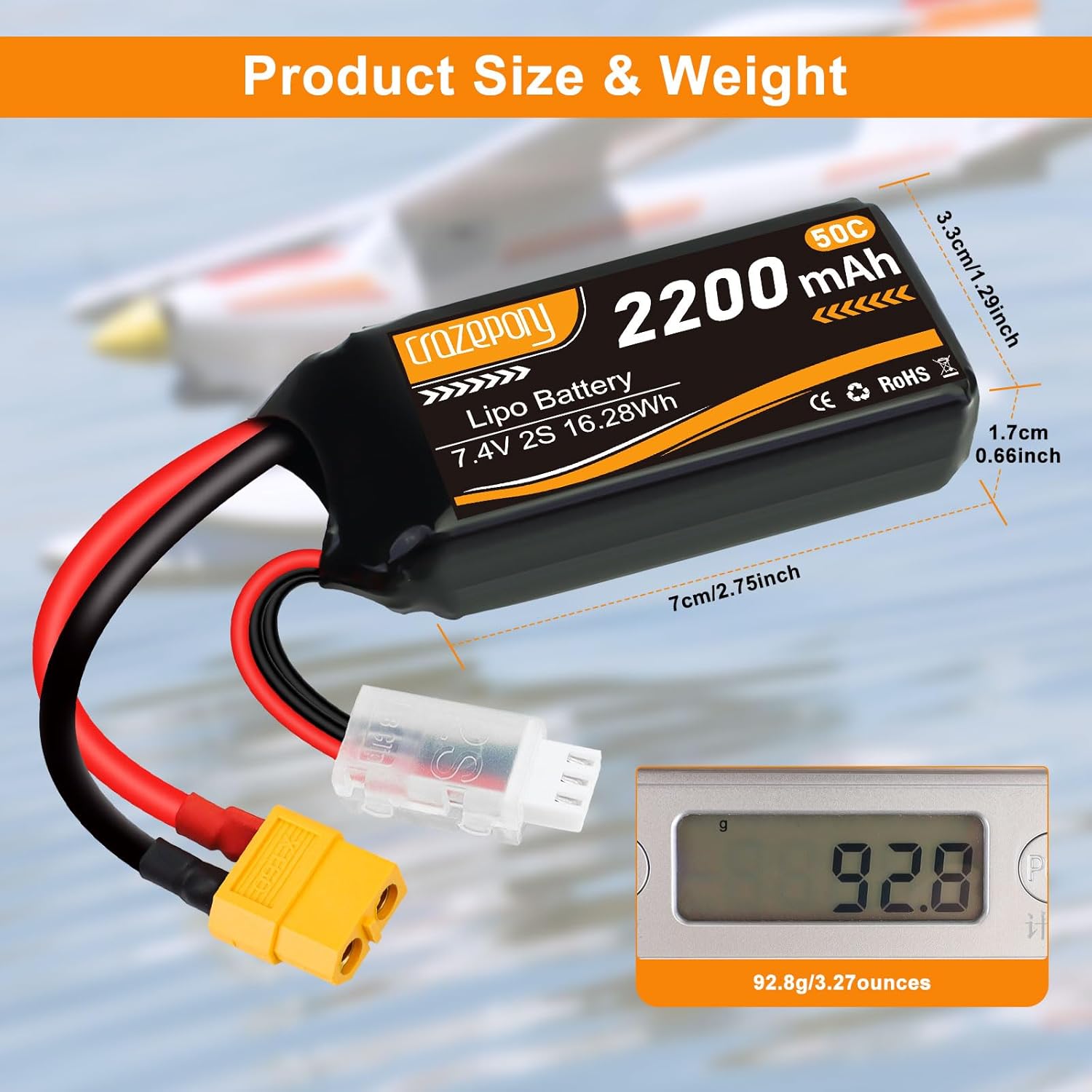 Crazepony 2S Lipo Battery 7.4V 2200mAh 50C Shorty Lipo Battery with XT60 Connector Soft Pack for 1/16 Slash RC Car RC Truck RC Helicopter Airplane Quadcopter Drone RC Boat Racing Models - 2 Pack