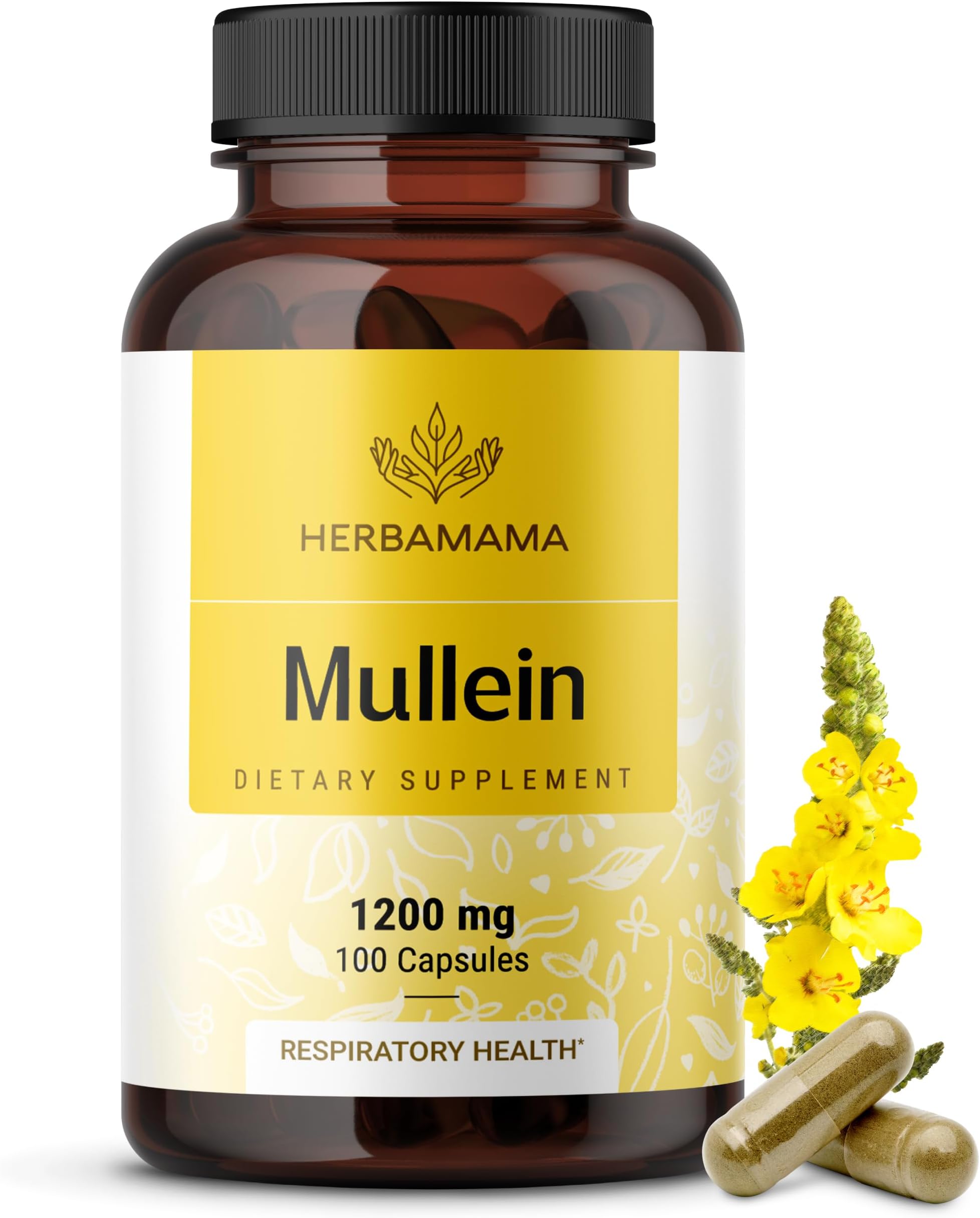 HERBAMAMA Mullein Leaf Extract for Lungs - 1200 mg Mullein Leaf for Lung Support - Herbal Respiratory Supplements - Vegan, Non-GMO, 50-Day Supply