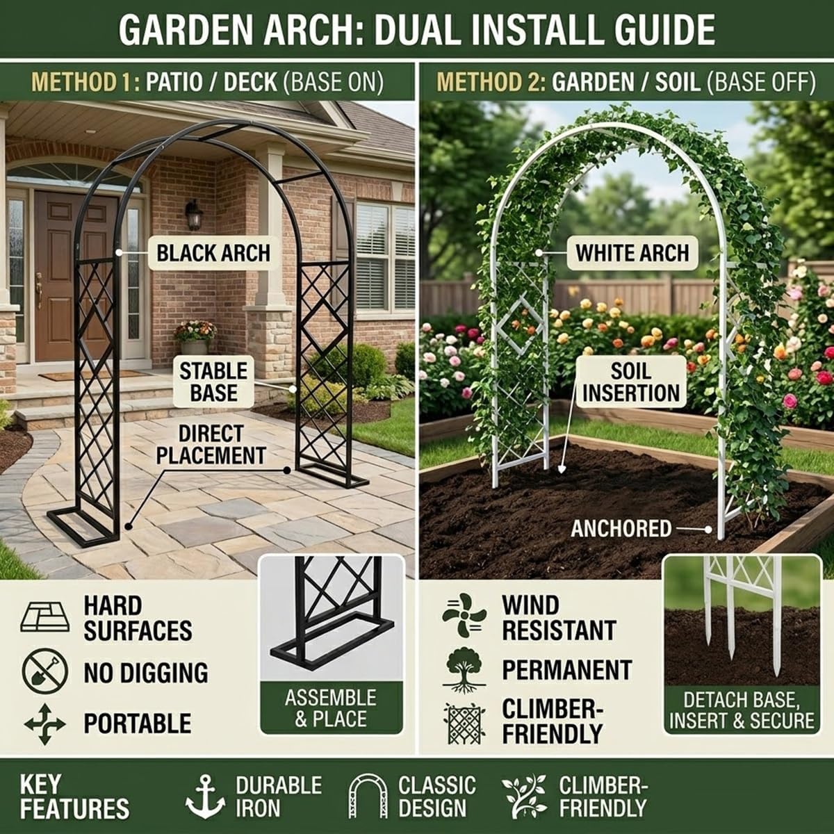 Garden Arch for Outdoor Plants, 20mm Thick Steel Metal Arches 6ft 7.2ft 8.5ft 9.2ft 10.5ft 11.8ft Heavy Duty Arbor Trellis for Wedding Ceremony, Garden Archway Decor Stand(Black,W4.6xH7.5FT)