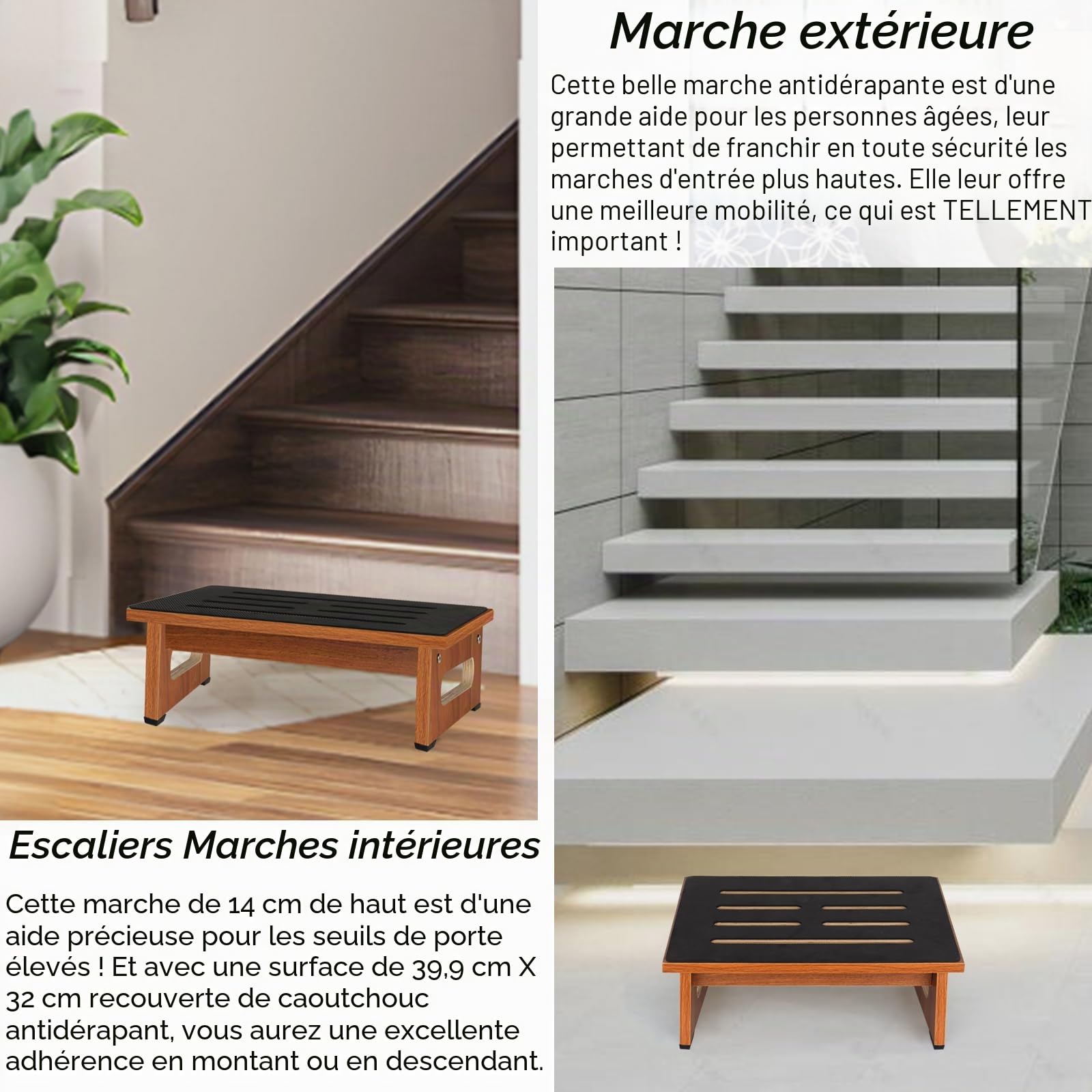 Un marchepied en Bois de 14CM pour Adultes et Personnes âgées avec revêtement en Caoutchouc antidérapant, pour l'intérieur et l'extérieur, Aide au Lever en Bois Portable pour Salle de Bain