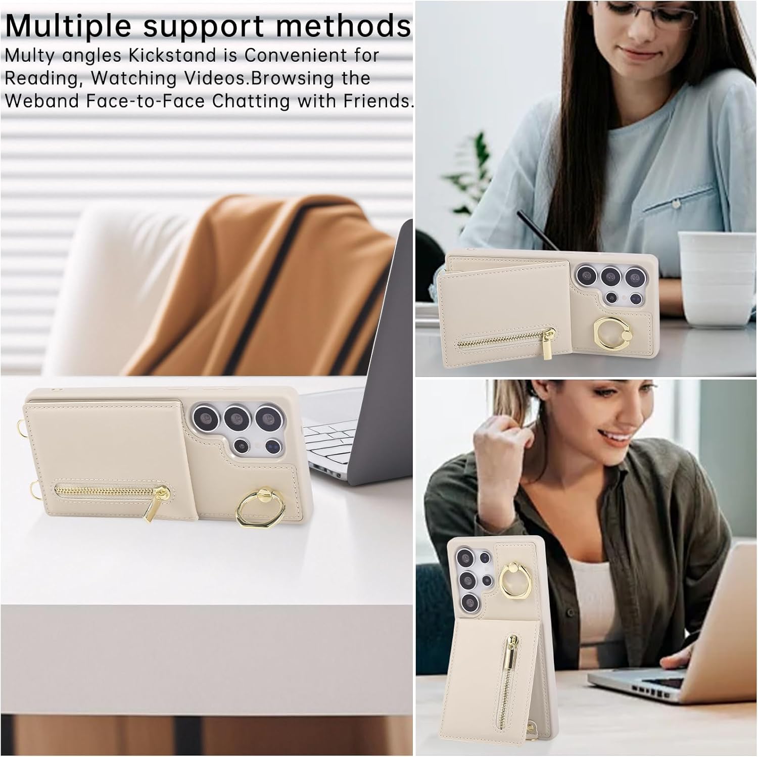 Crossbody Wallet Case for Galaxy S25 Ultra with Lanyard Strap Card Slot Holder RFID Blocking 360° Ring Kickstand,Magnetic Flip Folio Zipper Purse Case, PU Leather Cover Handbag,Beige - Image 4