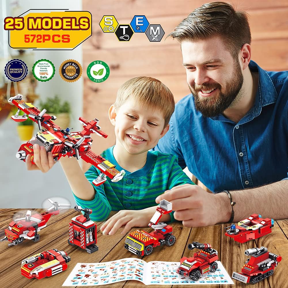 A collection of 25 different fire rescue vehicle models that can be built from the VATOS STEM building set.