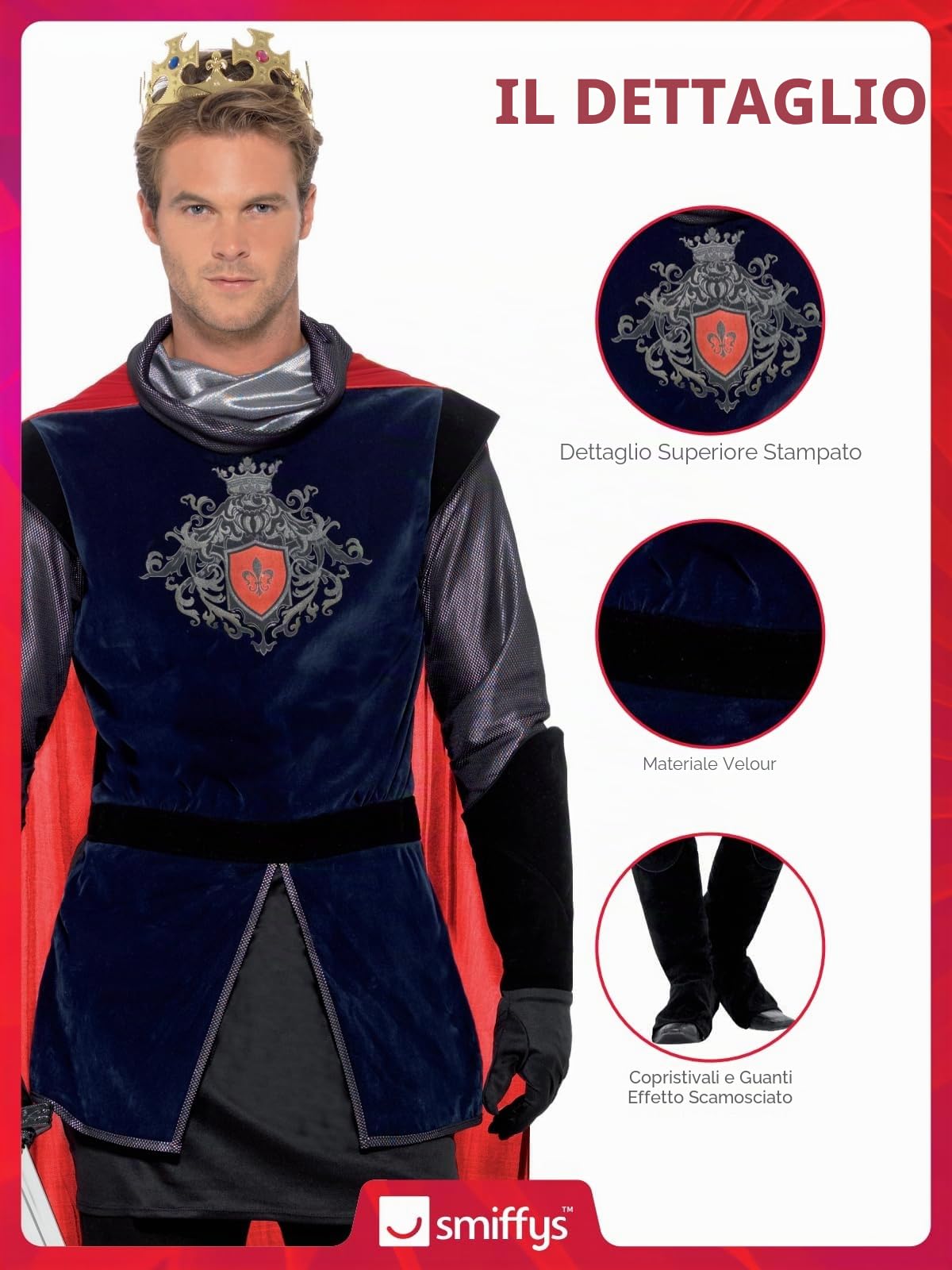 SMIFFYS Costume Re Artù deluxe, Nero, con top, mantello, guanti, copristivali e corona Halloween